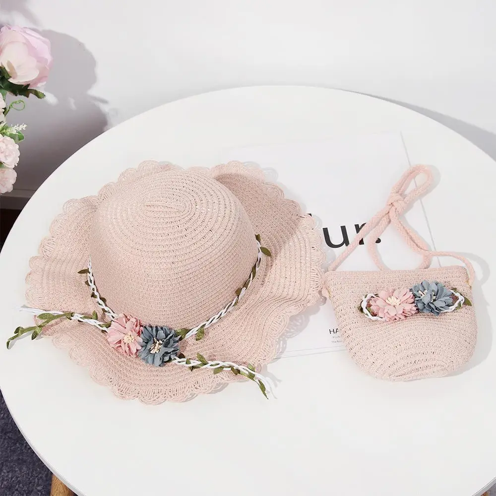 

Cute Casual Flower Sunshade Caps Straw Weaving Wide Brim Hats Straw Weaving Shoulder Bag For Toddler Baby Travel