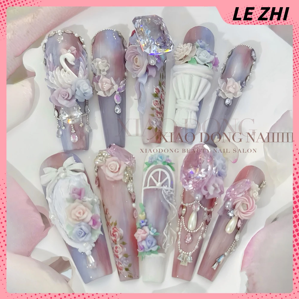 High-End European Court Gardens Zircon Nail Party Sticker 3D Swan Rose High Quality Diamond Press On Nail Art Party Sticker