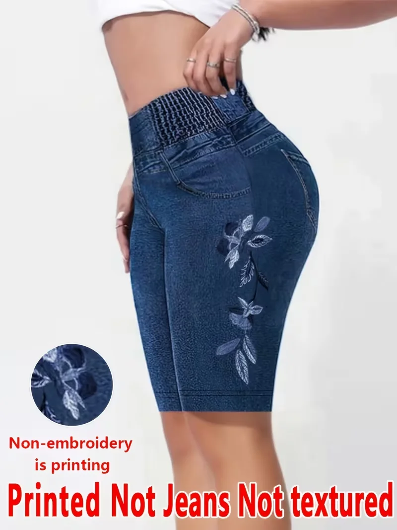 Bedruckte Leggings, Stoff ohne Denim, Caprihosen mit Faux-Taschen- und Knopf-Print, hochelastische neue Skinny-Hosen5 – Detail 3