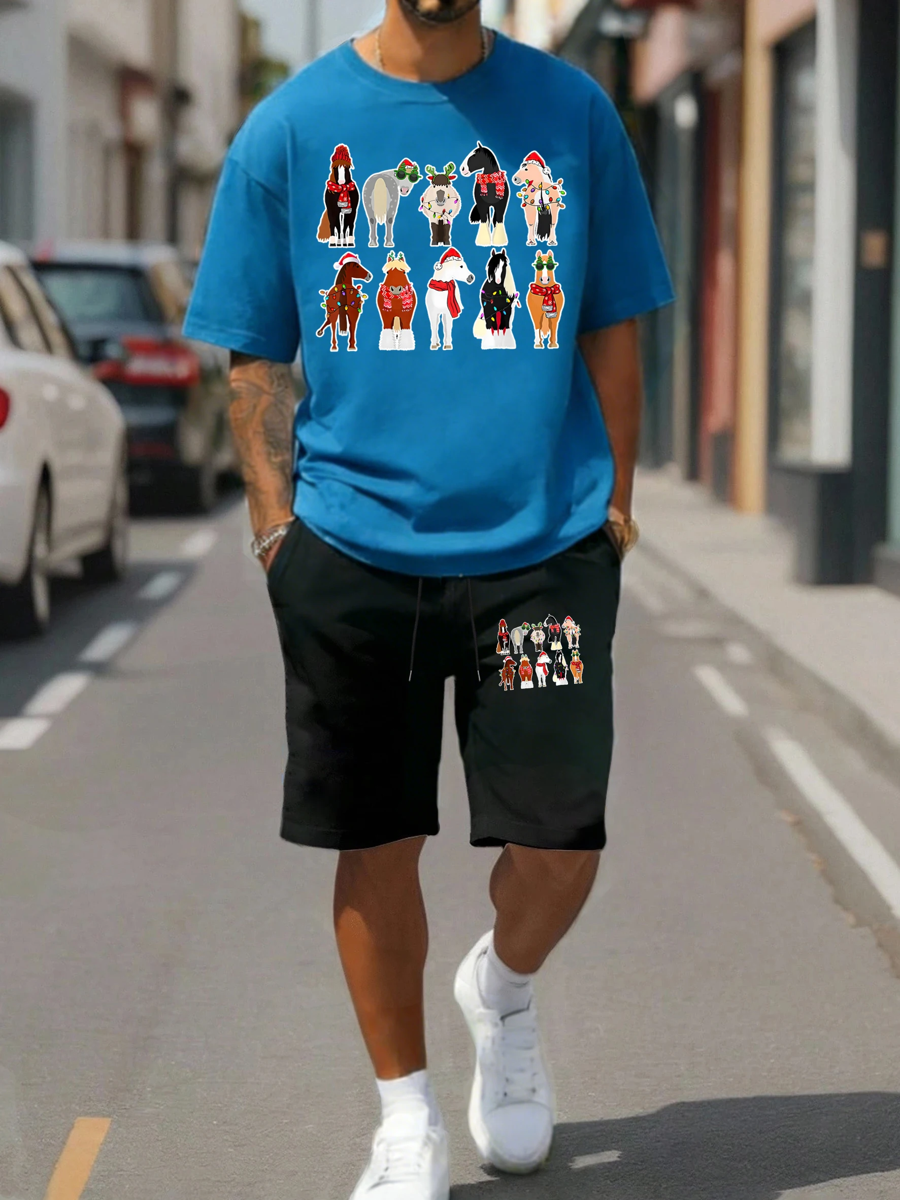 

Christmas Dressed Horses Print Mens T-Shirt Suit Casual Summer Cotton T Shirts All-Match Drawstring Shorts Mans Loose Clothing