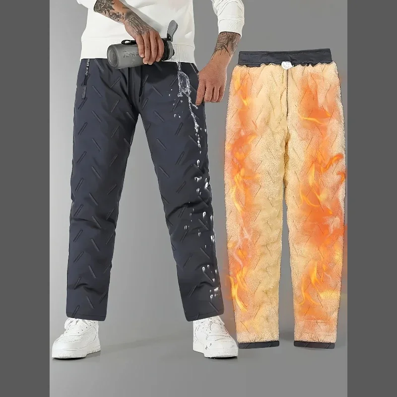 Men's Casual Polyester Lambswool Pants Winter Solid Color Regular Mid-waist Thick Warm Trousers Polyester Lining Parka Pants Man