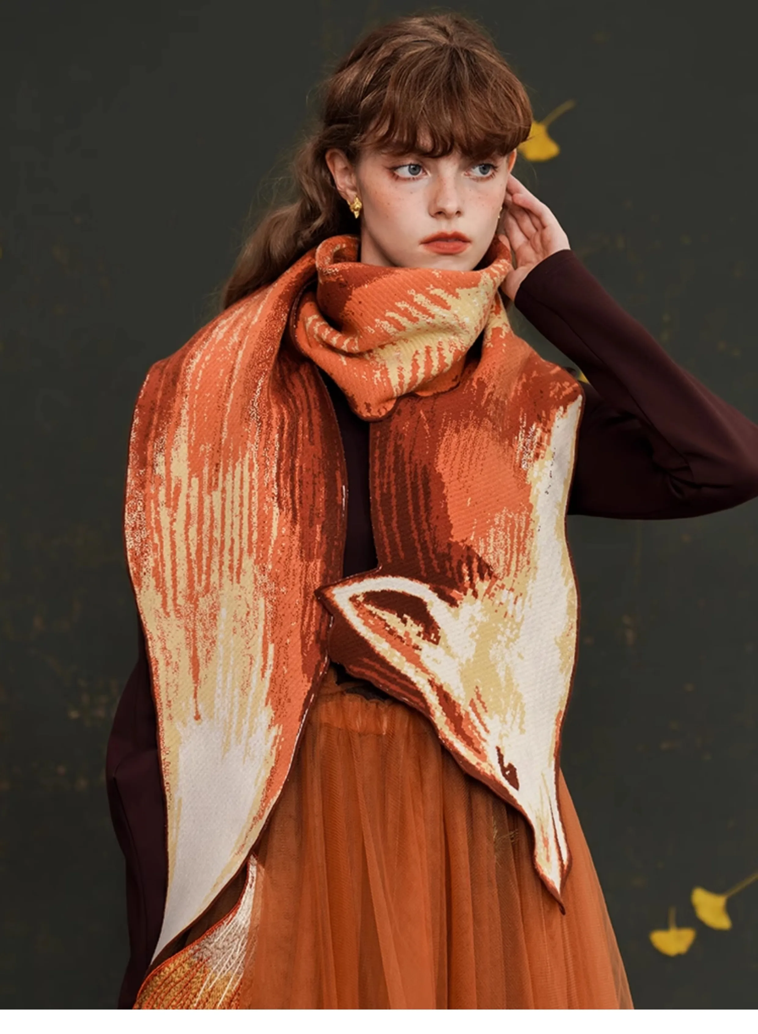 Fall Winter 210*26cm Scarf Women Original Design Vintage Style Chic Red Fox Elegant Knitted Warm Scarf