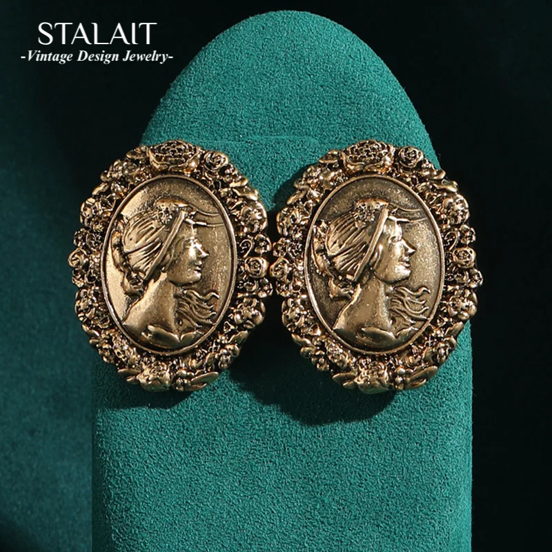 

Vintage Antique Beauty Head Portrait Relief Sculpture Studs Earring Oval Retro Outfits For Woman Accessories Luxury 2025 New