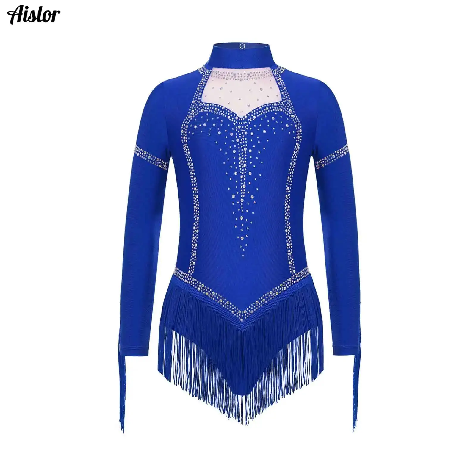 

Kids Girls Fringe Latin Dance Leotard Shiny Rhinestones Tassels Mock Neck Long Sleeve Bodysuit Figure Skaintg Gymnastics Costume