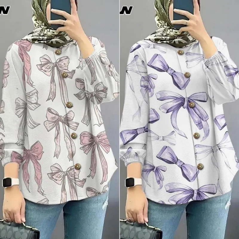 เสื้อเชิ้ตมุสลิมขนาดใหญ่พร้อมผูกรูปผีเสื้อเสื้อเชิ้ตแขนยาวสไตล์หวานแขนพัฟราคาถูก 2025 เสื้อฤดูร้อน