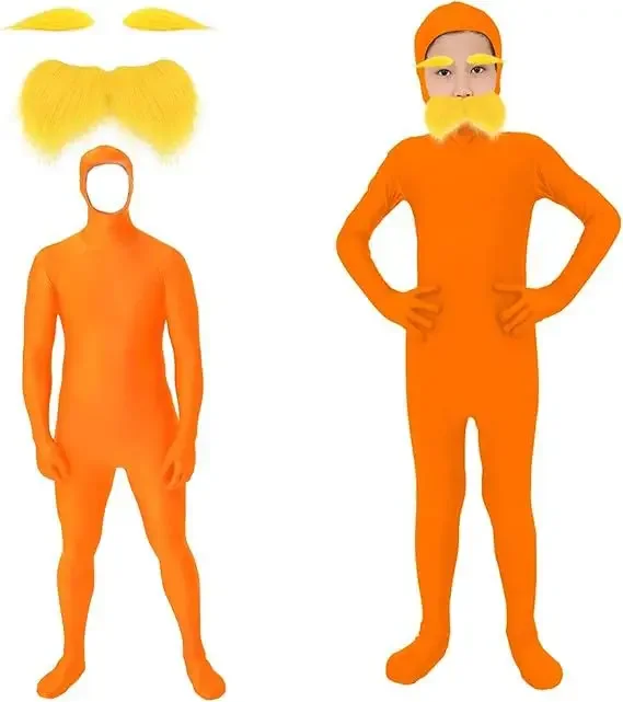Disfraz de Carnaval para Niños y Adultos, Mono Naranja con Bigote y Cejas Amarillas, Traje de Mascarada para Halloween