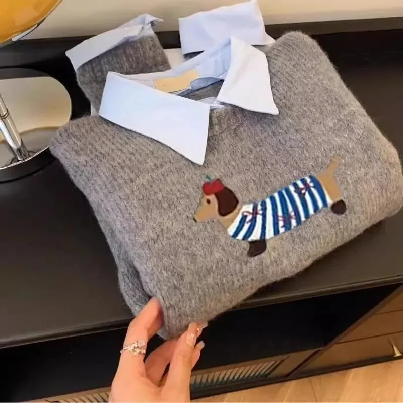 Dog Cartoon Soft Grey Fake Two-piece Shirt Collar Knitted Sweater Women's Top 2025 Autumn New Item Lapel Sweater Winter Female