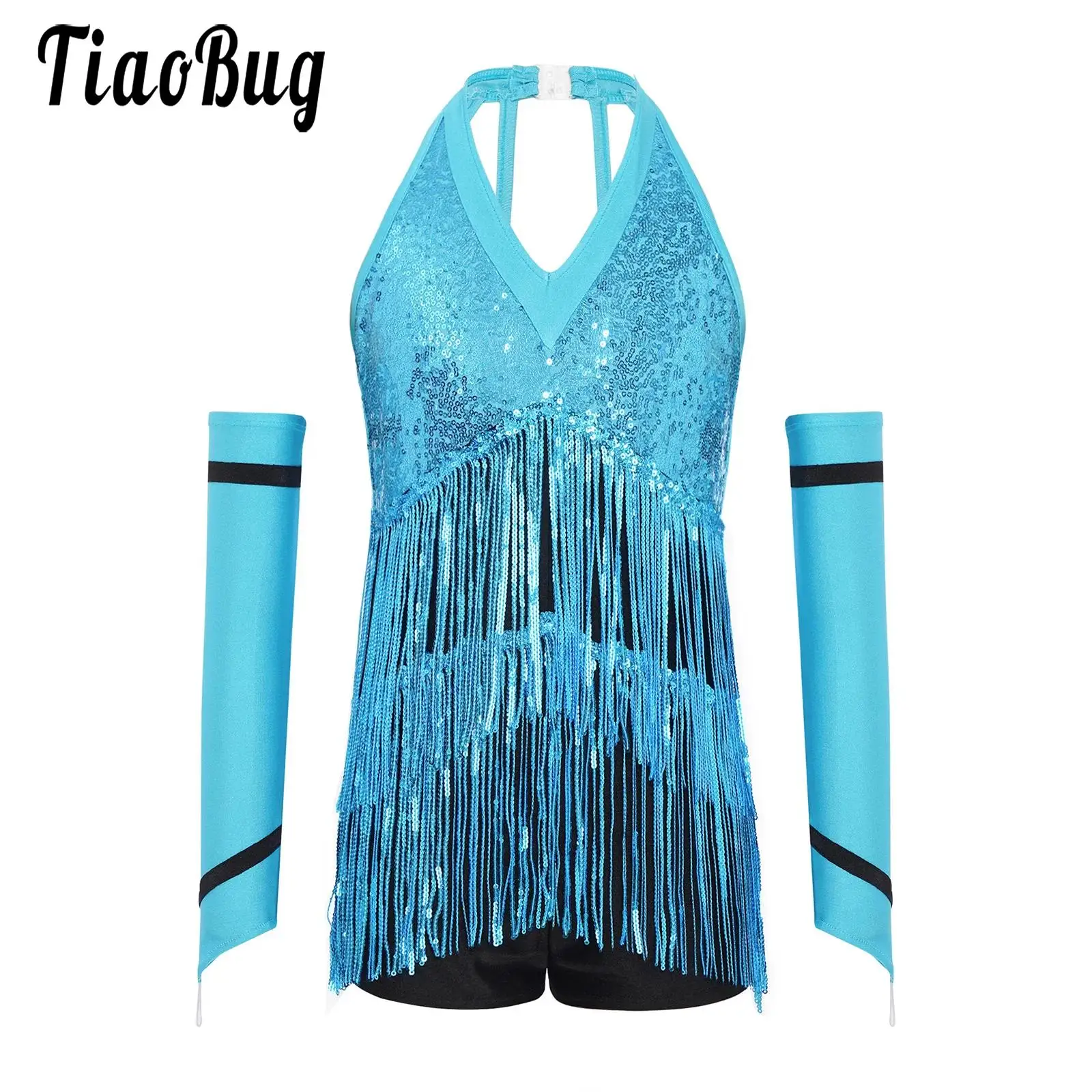 

Kids Girls Fringed Jazz Cha-cha Dance Leotards Sleeveless Leotard Tango Salsa Rumba Tassel Bodysuits Dress Dancewear with Gloves