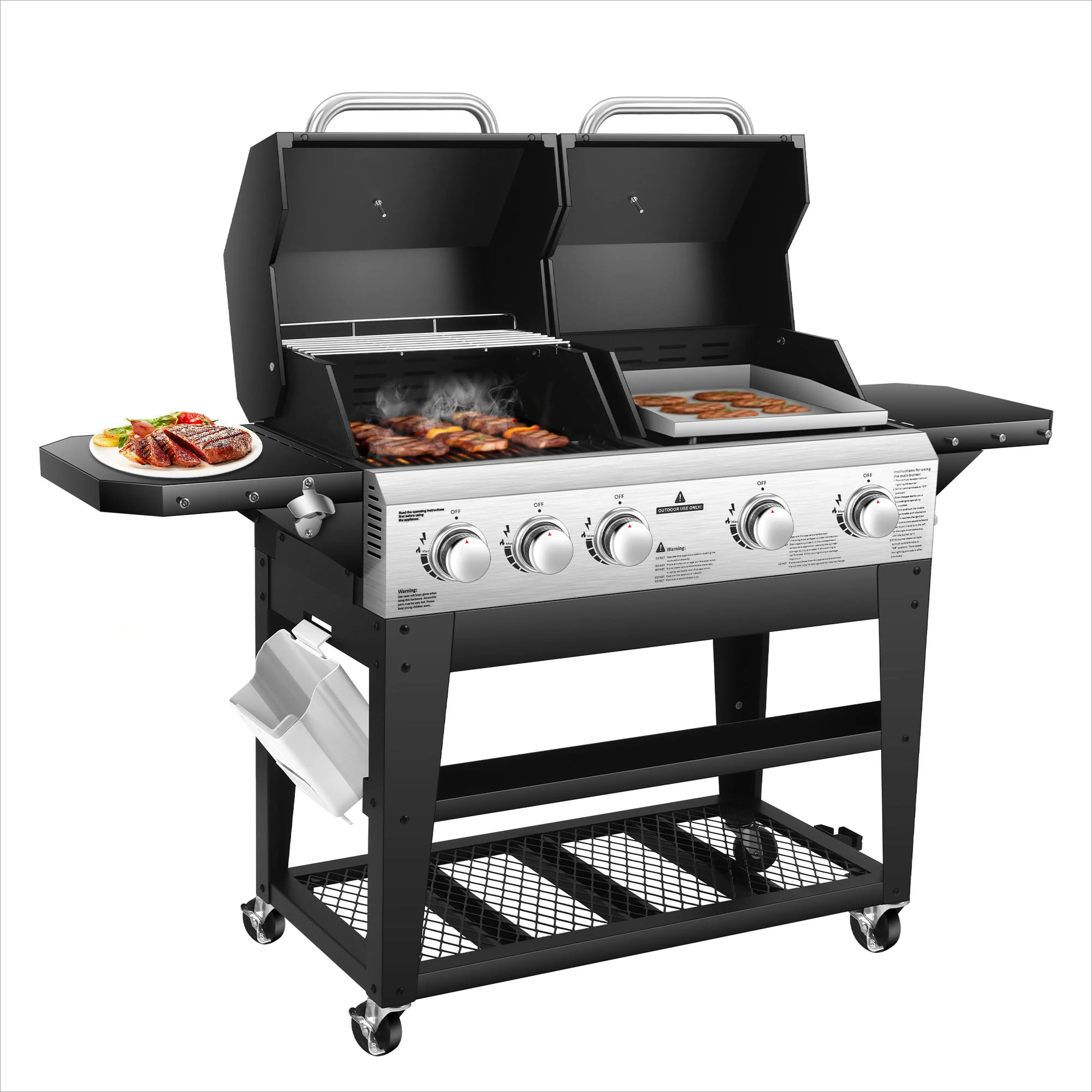 Grill and double cooking system with stainless steel panels for outdoor cooking
