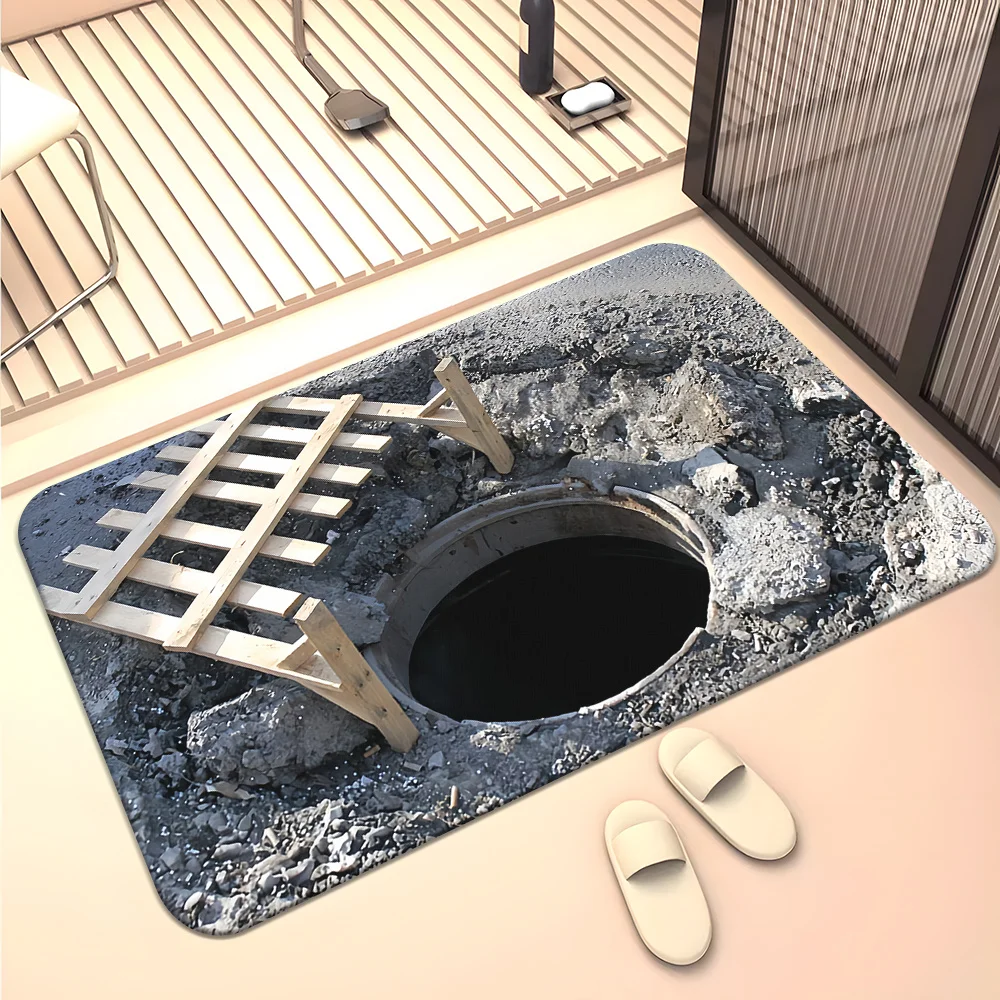 1pc 3D Illusion Pit Hole Broken Ground Ladder Printed Floor Mat, Decorative Area Rug for Entrance, Porch, Home Decor