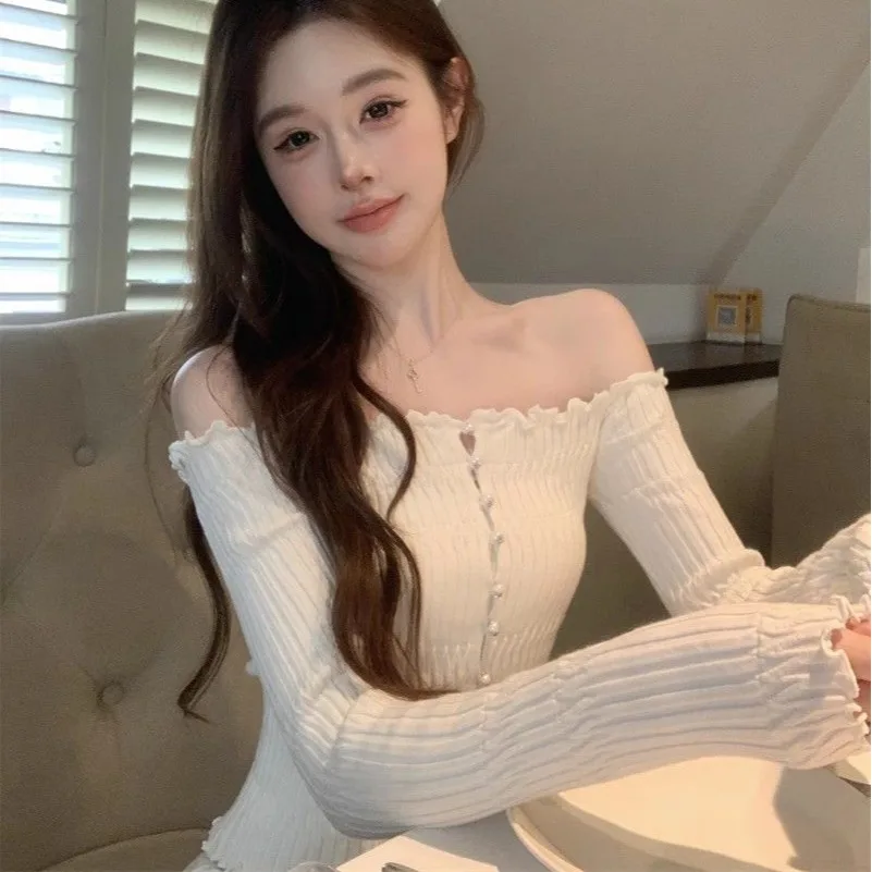 White Long Sleeve Knitted Sweater Women's Slim Fit Short Style Shoulder Bared Autumn Fashion Pure Desire Waist Cinched Knitwear
