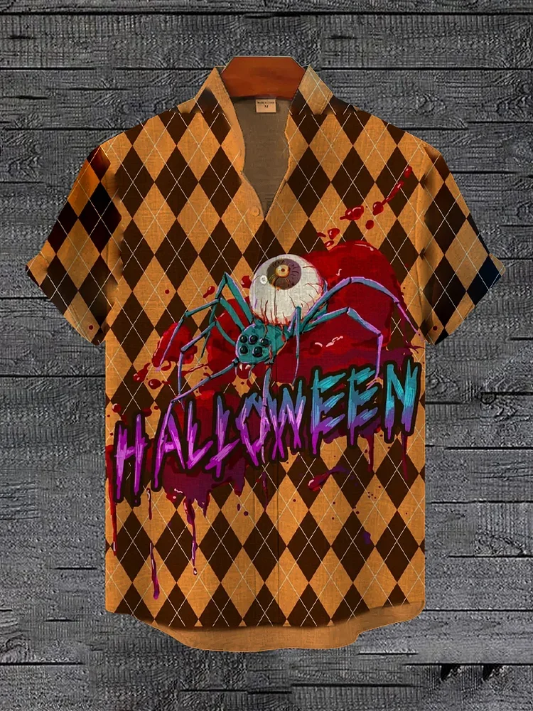 

Men's Halloween Bloody Scary Spider Argyle Pattern Print Shirt Fashion Short Sleeve Oversized Holiday Tops Casual Loose Tunics