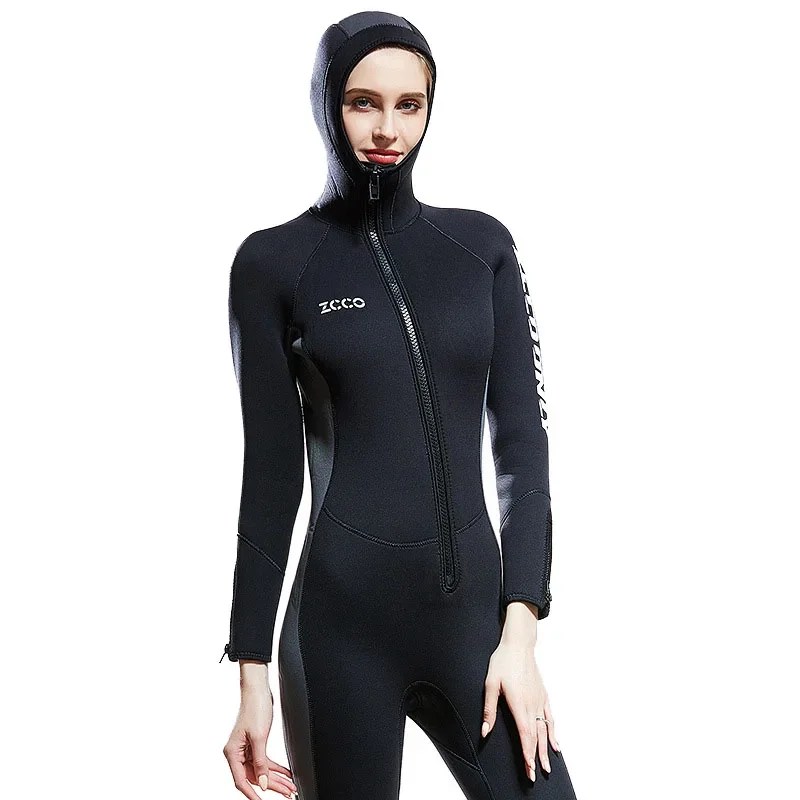 Wetsuit Women 5mm Neoprene diving suit one-Piece Hooded Wetsuits Front Zipper lady Surfing Suit Winter Cold Swimsuit