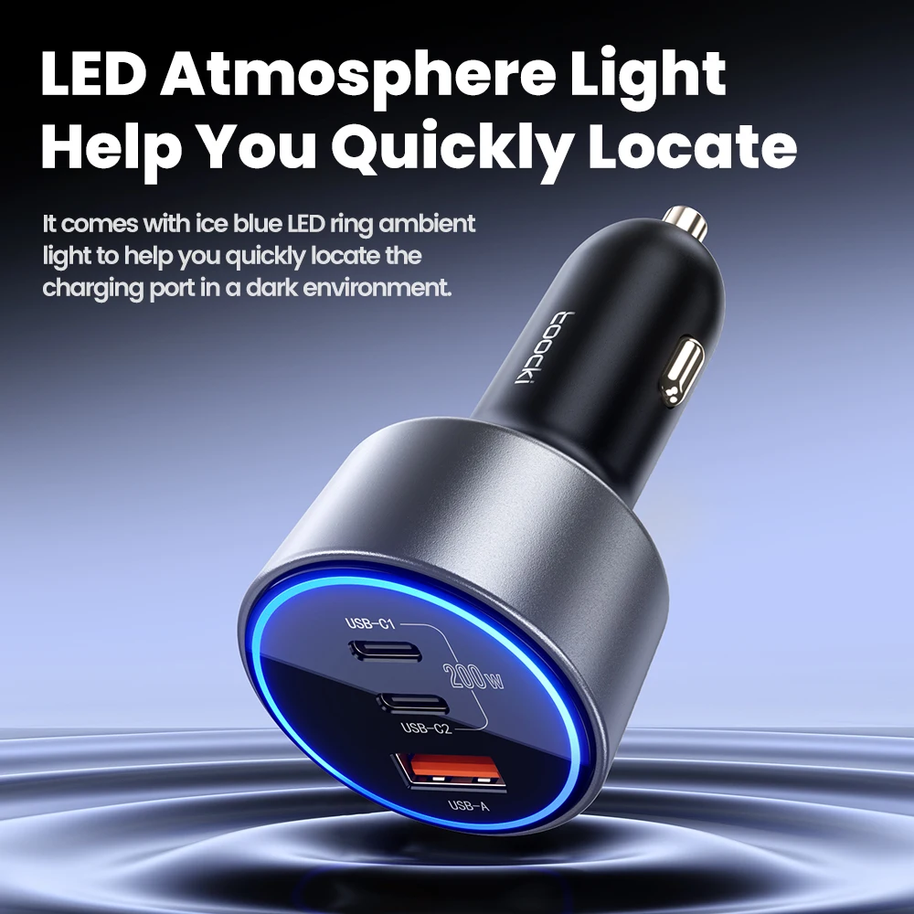 Toocki 200W USB C Car Charger for Tablet QC4.0 PD3.0 LED High-Speed Type C Fast Car Phone Charger for iPhone 15 13 Samsung POCO