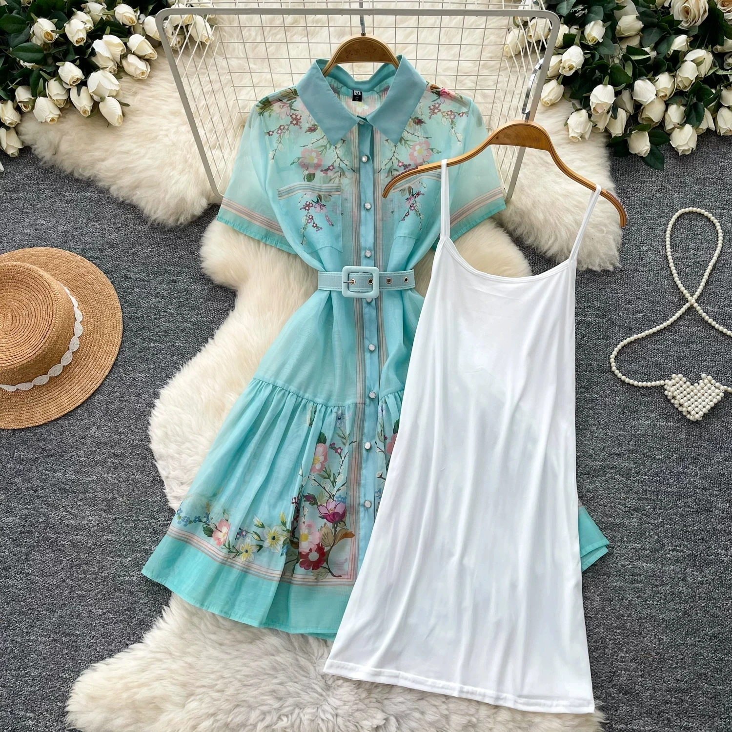 

Casual French Style Floral Chiffon Shirt Dress Women Sweet Short Sleeve Button Front Mini Dresses Lady Summer Beach Outfits