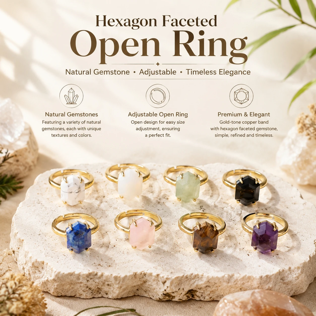 Natural Crystal Hexagonal Faceted Open Ring for Women, INS Style Unique Design Pair of Rings, Colorfast Amethyst Ring