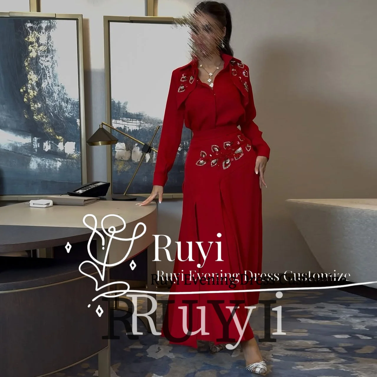 

Customized Long Sleeves V-Neck Red Evening Dresses Luxury 2025 Beaded Flower Elegant Party Gown Wedding Prom Dress