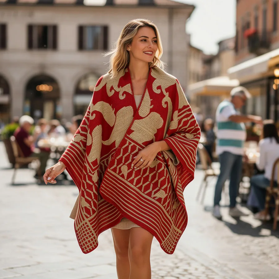 Women Geometric Jacquard Poncho Shawl Oversize Vintage Open Front Faux Cashmere Cape Autumn Winter Casual Travel Warm Wrap