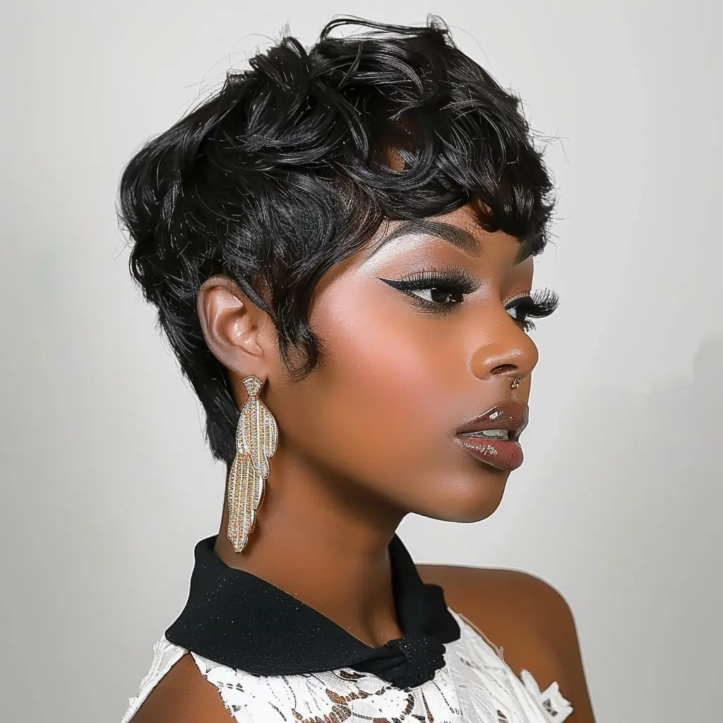 Black Women's Short Curly Elf Wig Black Women's Synthetic Wig Natural Wave Shape Black Elf Cutting Wig Short Curly Layered Elf