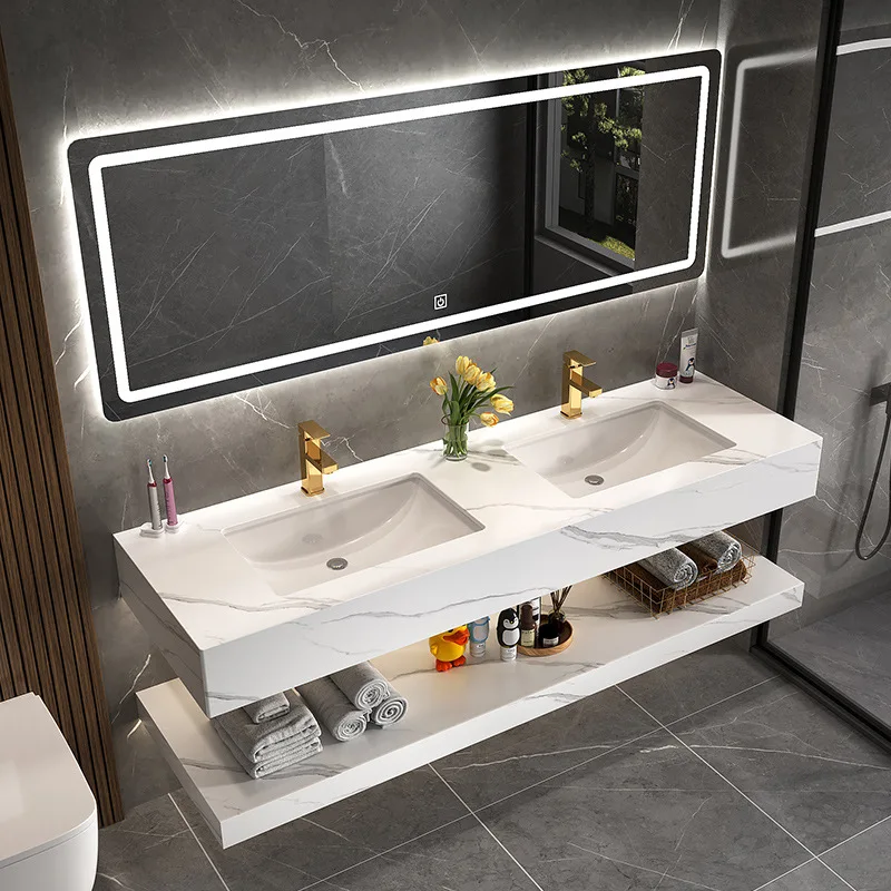 Modern light luxury rock slab integrated double basin bathroom cabinet combined bathroom large apartment intelligent double basi