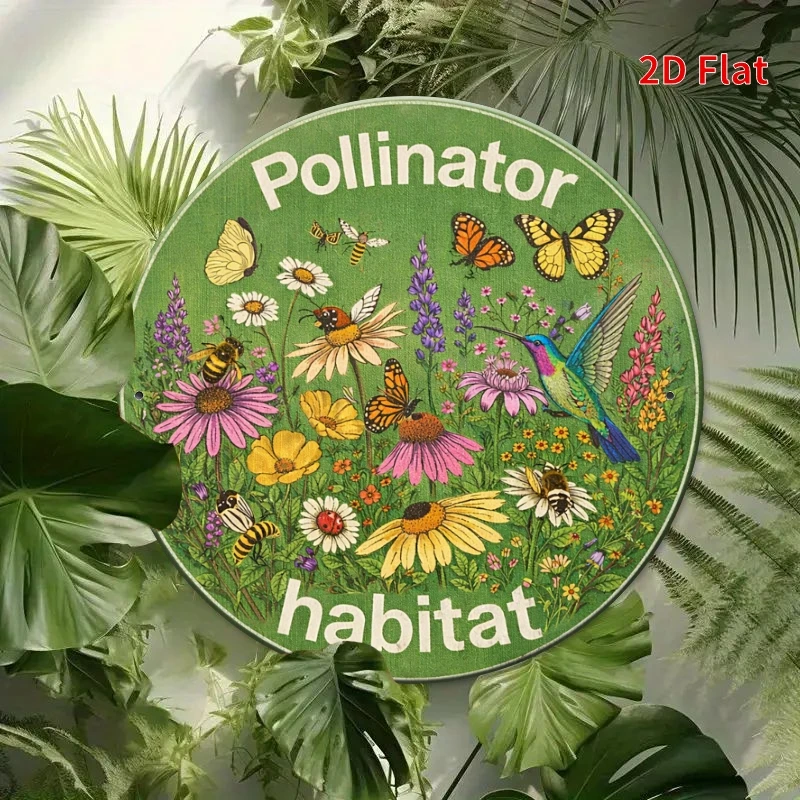 2D Flat, 2D Flat - [2Dflat] 1pc 19.99x19.99 cm - Pollinator Habitat Garden Metal Sign, Butterfly Bee Hummingbird Decorative Plaq