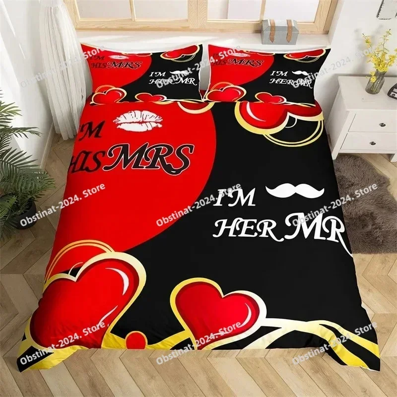 Комплект постельного белья Mr Mrs из микрофибры, романтическая свадебная тема, пододеяльник King на День святого Валентина, забавные цитаты, пододеяльник с сердечком и любовью