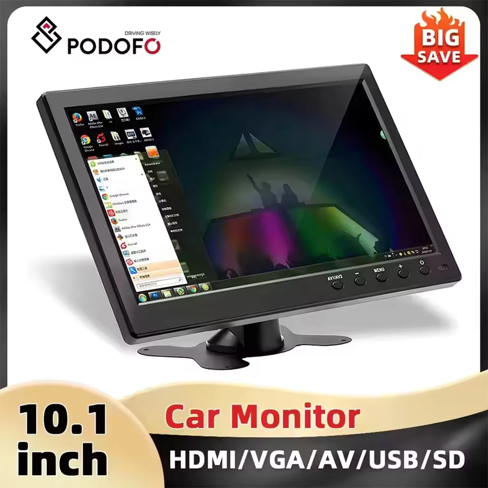Monitor samochodowy Podofo 10.1'' z wyświetlaczem TFT LCD HD, cyfrowym ekranem, wejściami wideo HDMI/VGA/AV/USB/SD, kompatybilny z PC/TV/DVD.