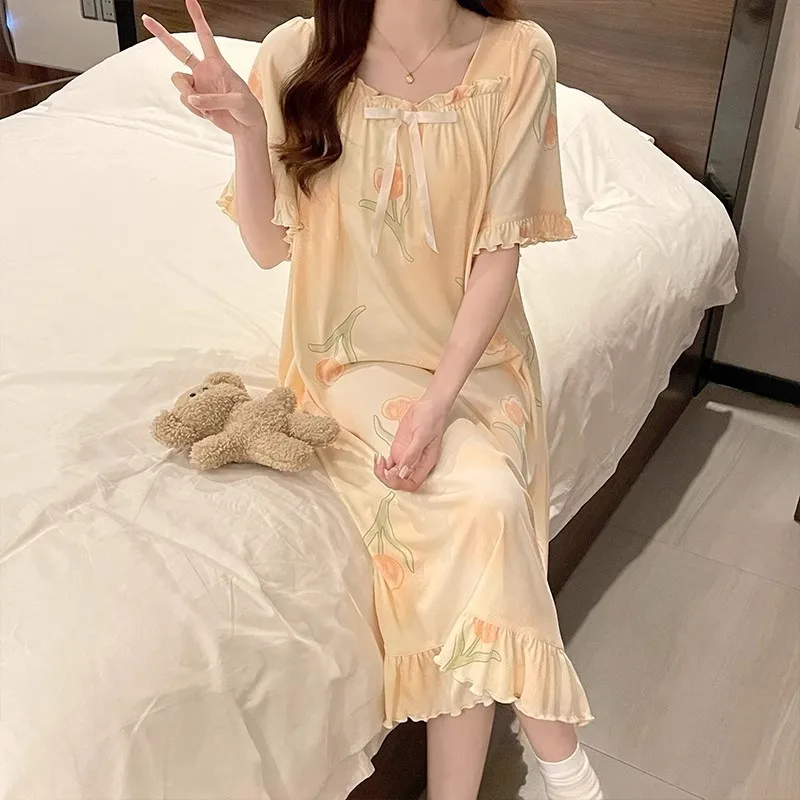 New Ice Silk Ribbed Padded Sleepwear Dress for Women, Summer Ruffle Short Sleeve Lace Homewear, Thin Nightgown Summer Style
