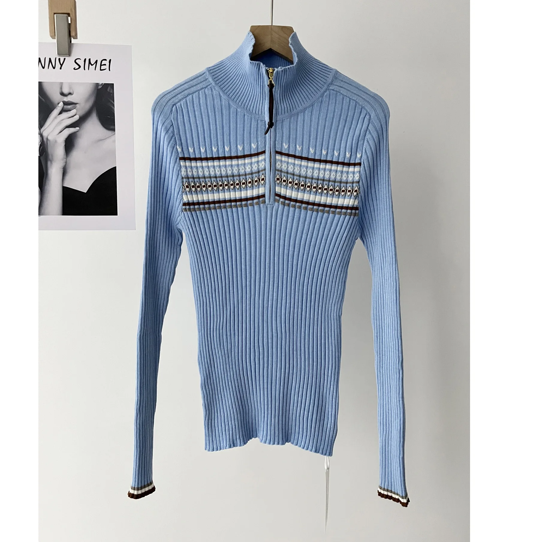 

Осенний женский жаккардовый пуловер с воротником и геометрическим рисунком, приталенный синий вязаный свитер 51c-1622