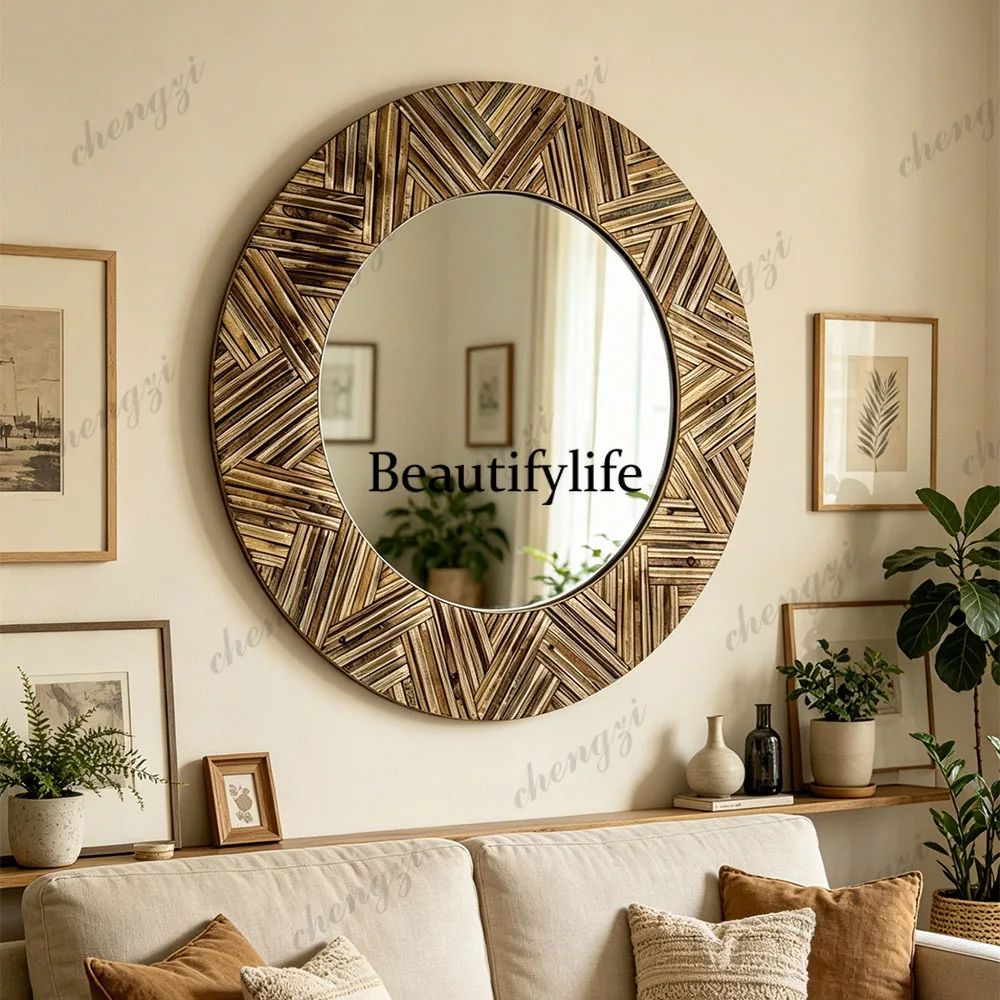 Round solid wood frame round mirror, retro log wall hanging decorative mirror in the living room entrance