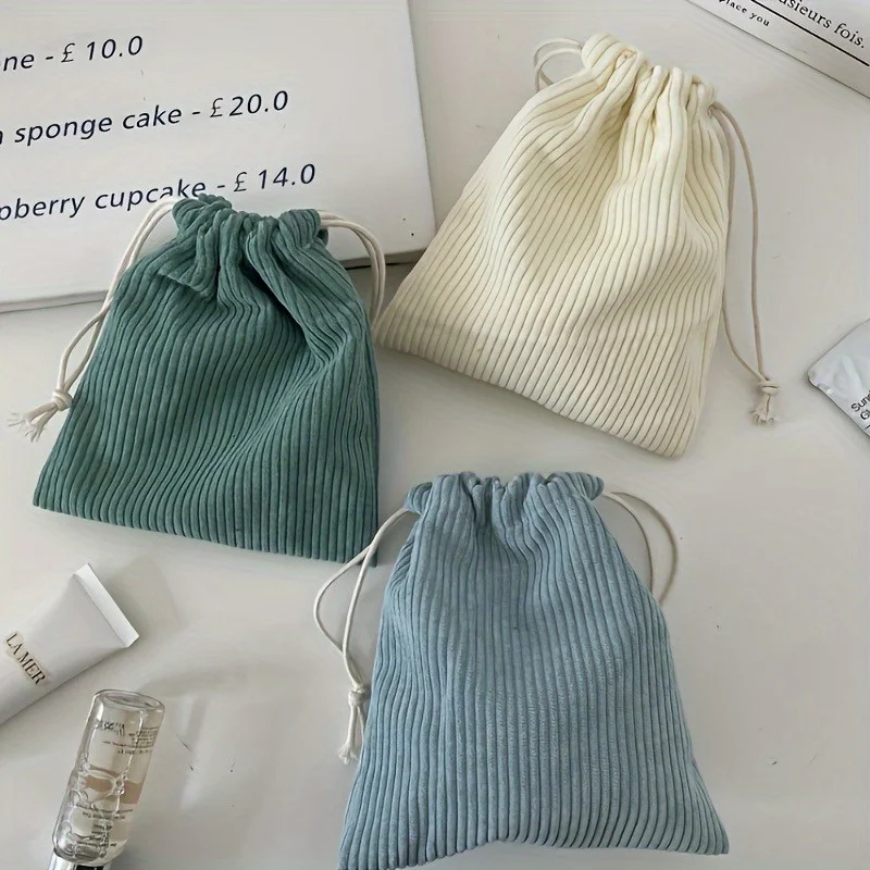Corduroy Drawstring Storage Bags Set - Lightweight Solid Color Portable Makeup Pouches with Large, Medium