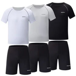 Teenagers 14+ summer solid color quick-drying sports suit junior high school boys short-sleeved shorts casual 2-piece set.