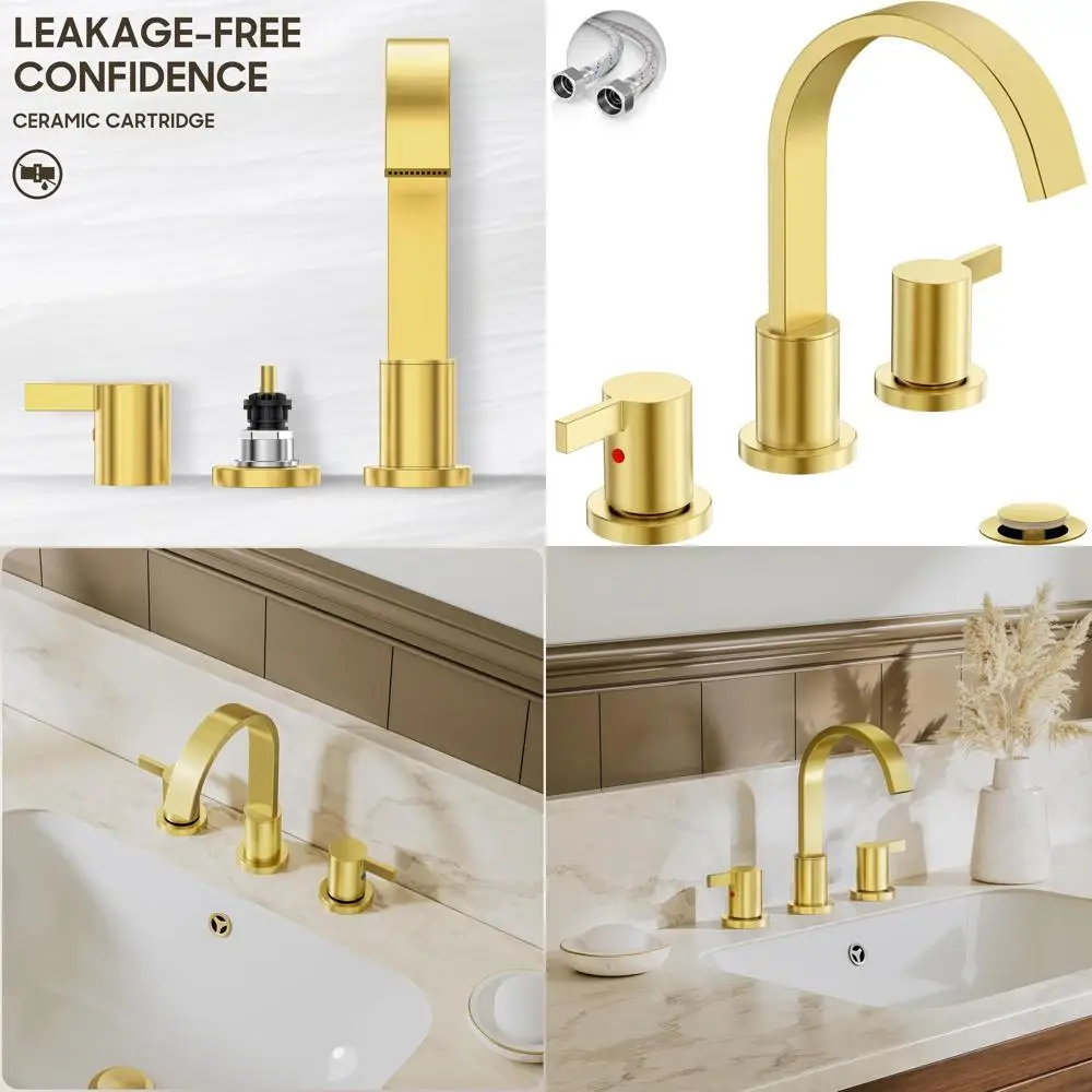 

8 Widespread Brushed Gold Bathroom Sink Faucet with 3 Holes and 2 Handles, Including Metal Pop-Up Drain, Model WF040-1-BG