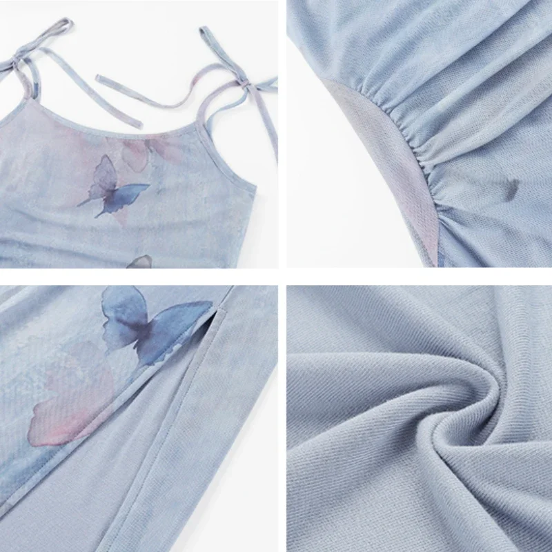 เดรสฤดูร้อนสำหรับผู้หญิงชุดเดรสแขนกุดรัดรูปชุดเดรสฤดูร้อนผ่าต่ำเซ็กซี่ชุดเดรสรัดรูปพิมพ์ลายผีเสื้อ