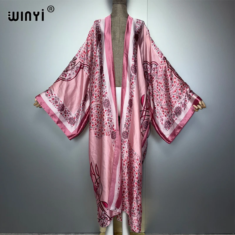 

WINYI 2026 Kimono Women Printed bubble hem coat Long Sleeve Cardigan abaya dubai luxury beachwear Cover Up boho dress Caftan