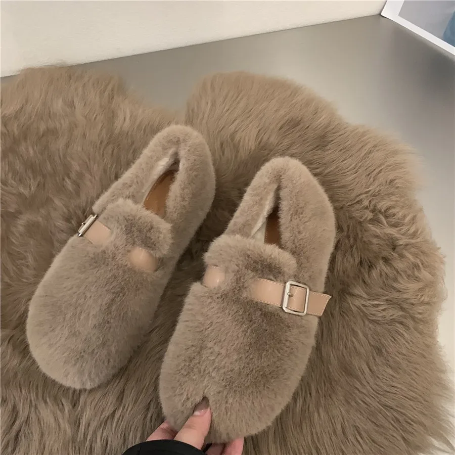Fur Flats Women Loafers Shoes Winter Short Plush Warm Cotton Shoes Comfortable Trend Designer Walking Shoes Casual Femme Zapatos