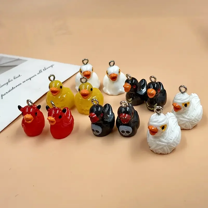 6/12pcs Halloween Devil Skeleton Ducks Charms for Jewelry Making, Kawaii Mini Resin Animals Pendants DIY Keychain Supplies
