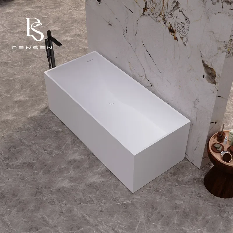 Rectangular Freestanding PMMA Artificial Stone Bathtub for Hotel Homestay Bathroom Soaking Tub