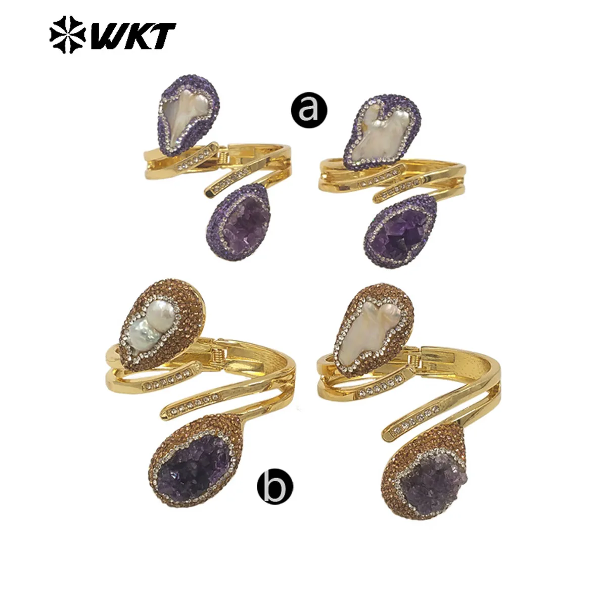 MPB126 Newest Unique Design 18K Gold Plated Bangles With Natural Amethyst Stone And Pearl Adjustable Size For Women Jewelry