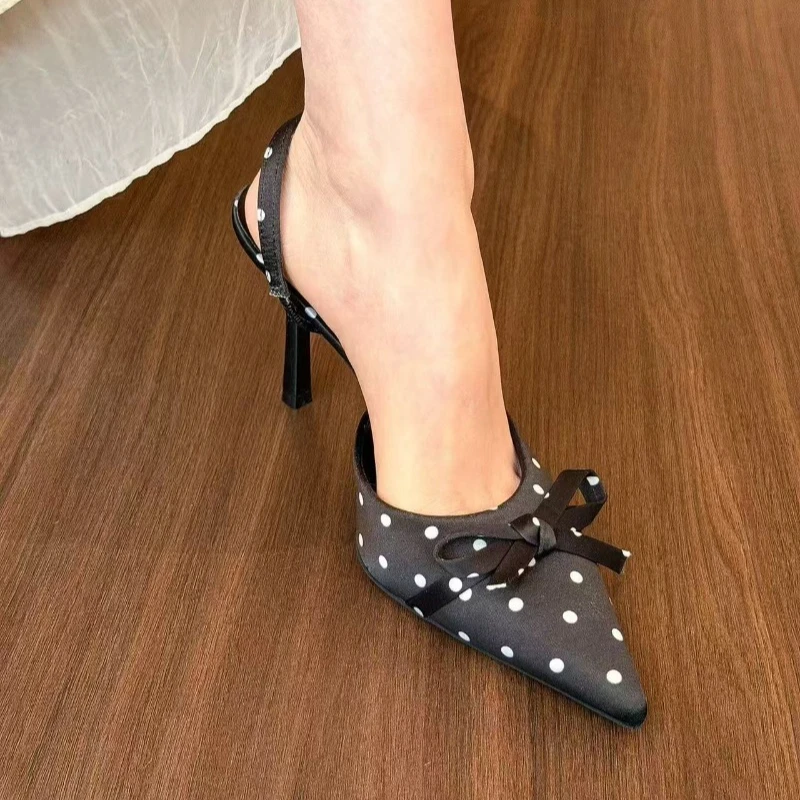 Spring and Summer New French Polka Dot Pointed-Toe Flat Sandals for Women Strappy Backless High Heels with Bow and Thin Heel