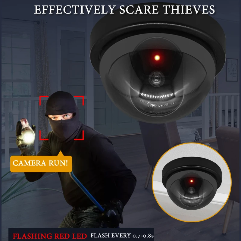 Caméra de Vidéosurveillance Dôme en Plastique Noir, Fausse CCTV, Clignotante à Led, Alimentation Via Batterie AA, Système de Sécurité