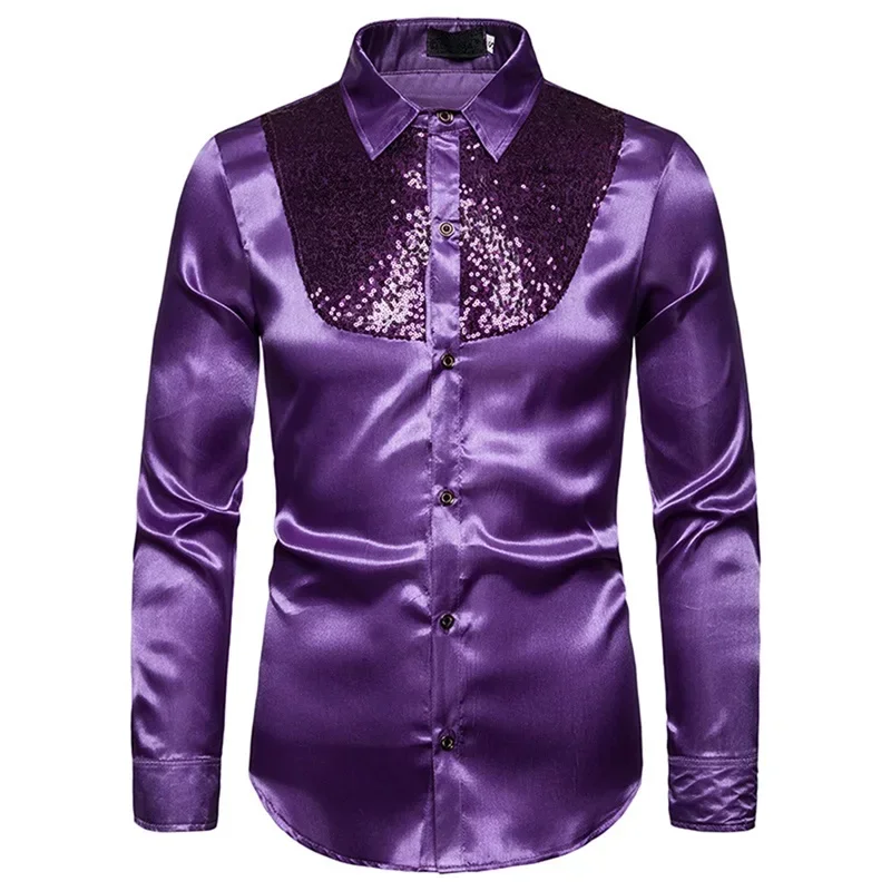 w80  Sequined Performance Nightclub Men's Host MC Men's Lapel Long Sleeve Solid Color Shirt Mens Dress Shirts