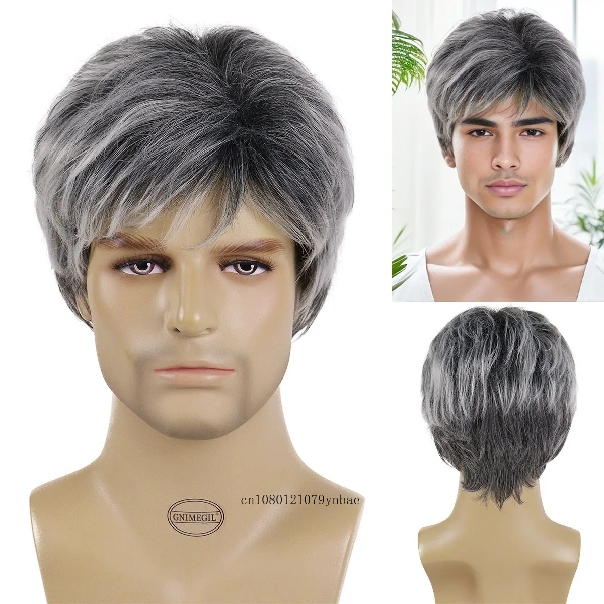 Old Men Wigs Synthetic Wig with Bangs Black Mix Grey Hair Natual Short Haircut Father Wig Daily Cosplay Costume Heat Resistant