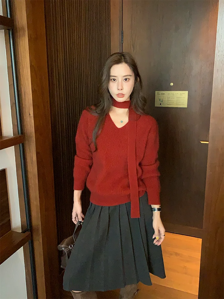 

Бархатный свитер Cisas Red Bear с шарфом для поездок на работу, открытый кардиган обычной длины для женщин, зимняя коллекция