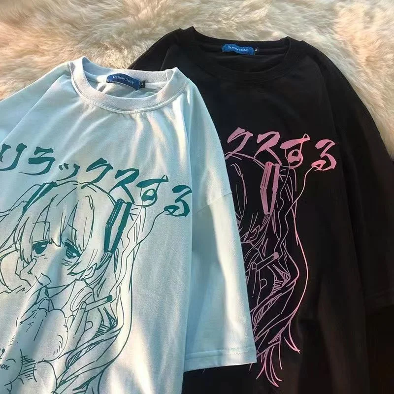 Hatsune Miku Cattoon Anime Printed Top Cotton T-shirt Y2k Streetwear Short Sleeved Summer Couple Male Female Cool Black Clothes