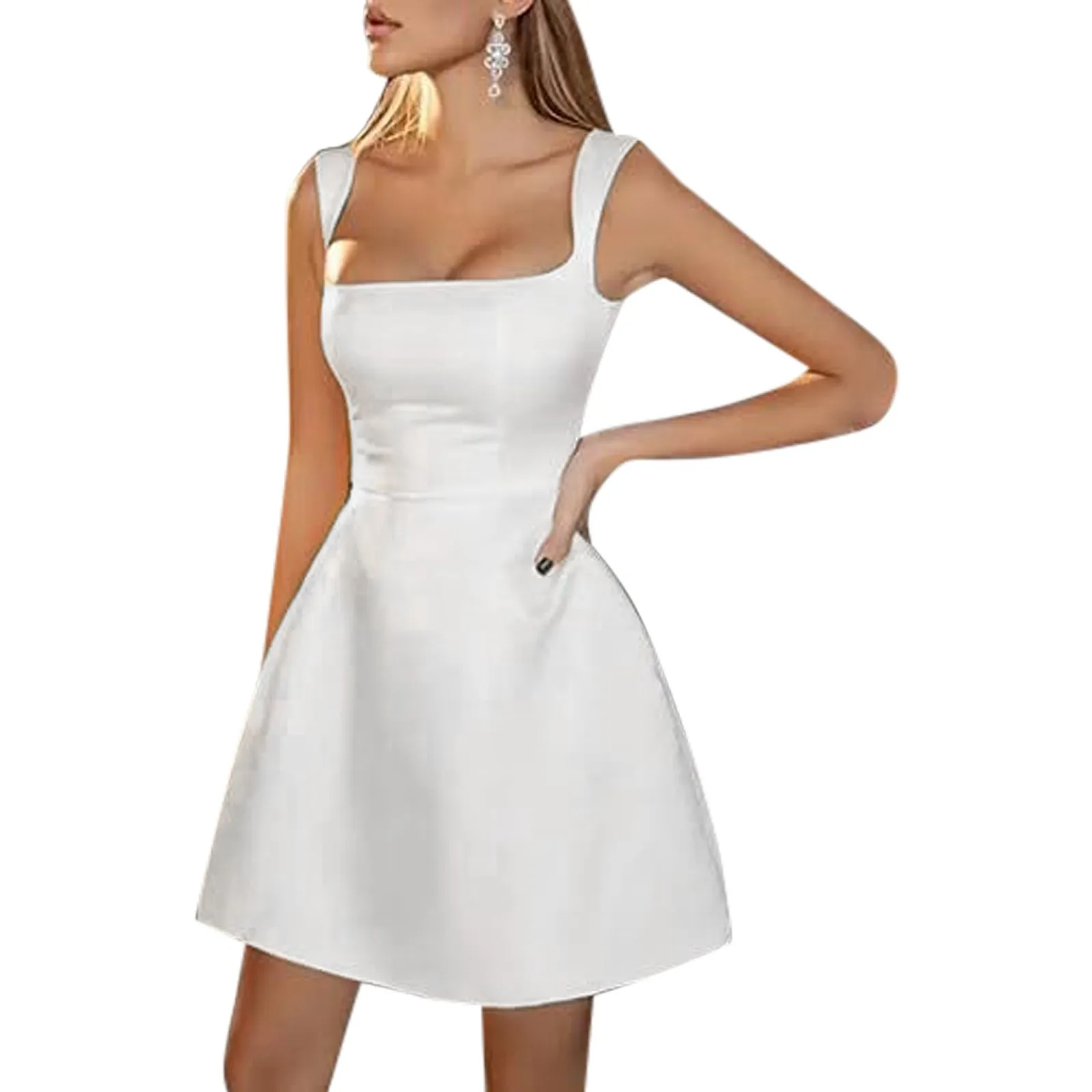 Robe de soirée blanche à col carré pour femmes, robes élégantes, robe sexy, batterie con, mini robe d'été, robe éducative, 2024, ligne A, 2024