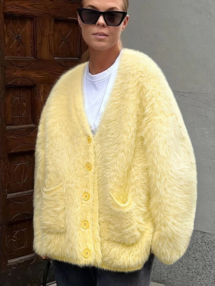 

Однотонный вязаный кардиган из норковой шерсти, женский повседневный однобортный карман с v-образным вырезом и длинными рукавами, свободная куртка, женская уличная одежда для поездок на работу
