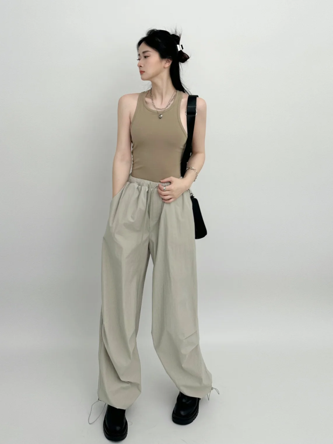 

Американские брюки с высокой талией и шнурком, быстросохнущие, свободные, струящиеся, повседневные, длинные, в уличном стиле, из смесового хлопка