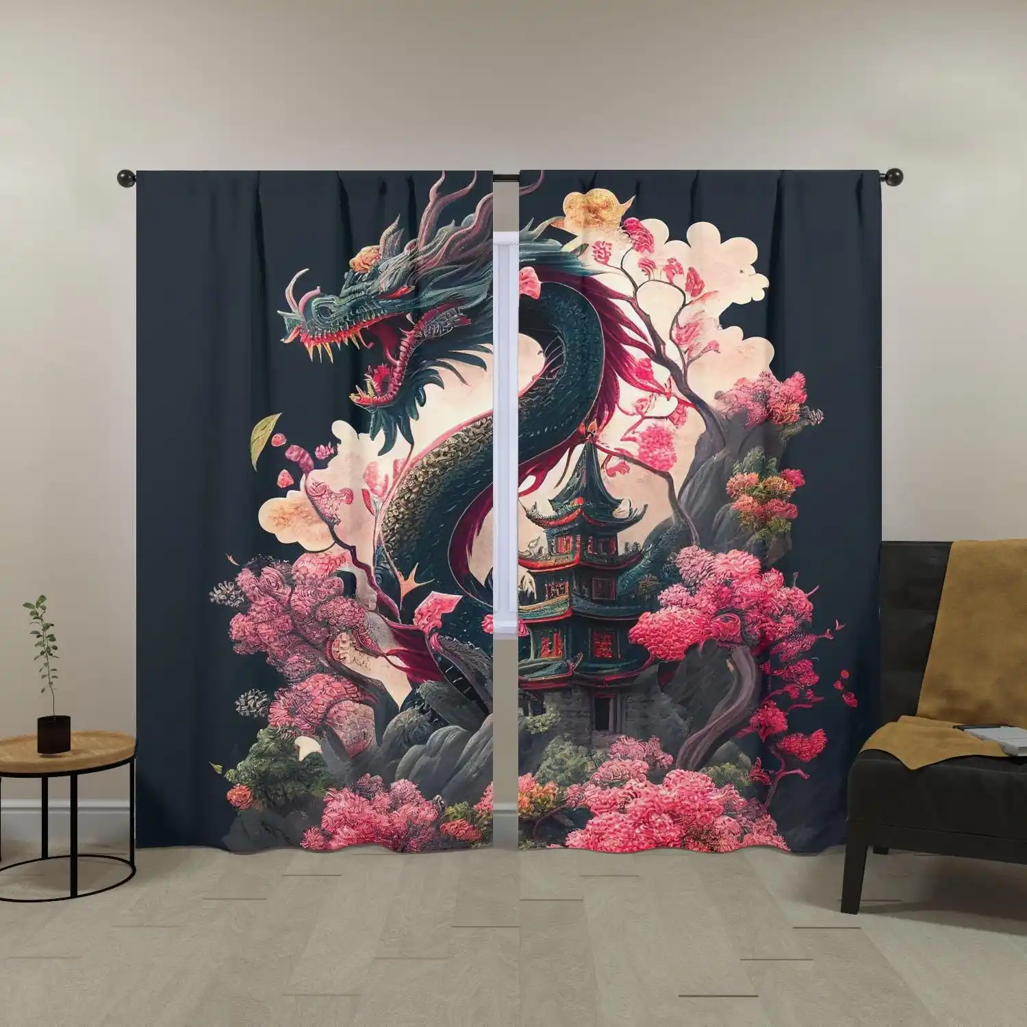 Vibrant Dragon and Pagoda Scene Curtain for Living Room Home Decor Waterproof Curtain Panel