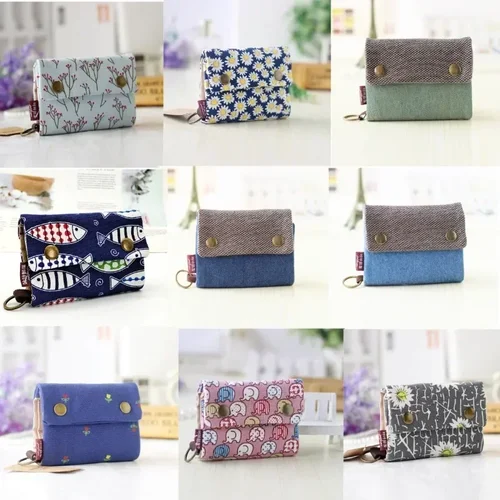 Imagen 2 del producto 1 Uds. Nueva cartera corta de lona con estampado de gato Totoro de dibujos animados de perro y flores para mujer, Mini monedero para llaves, monedero de bolsillo para niños